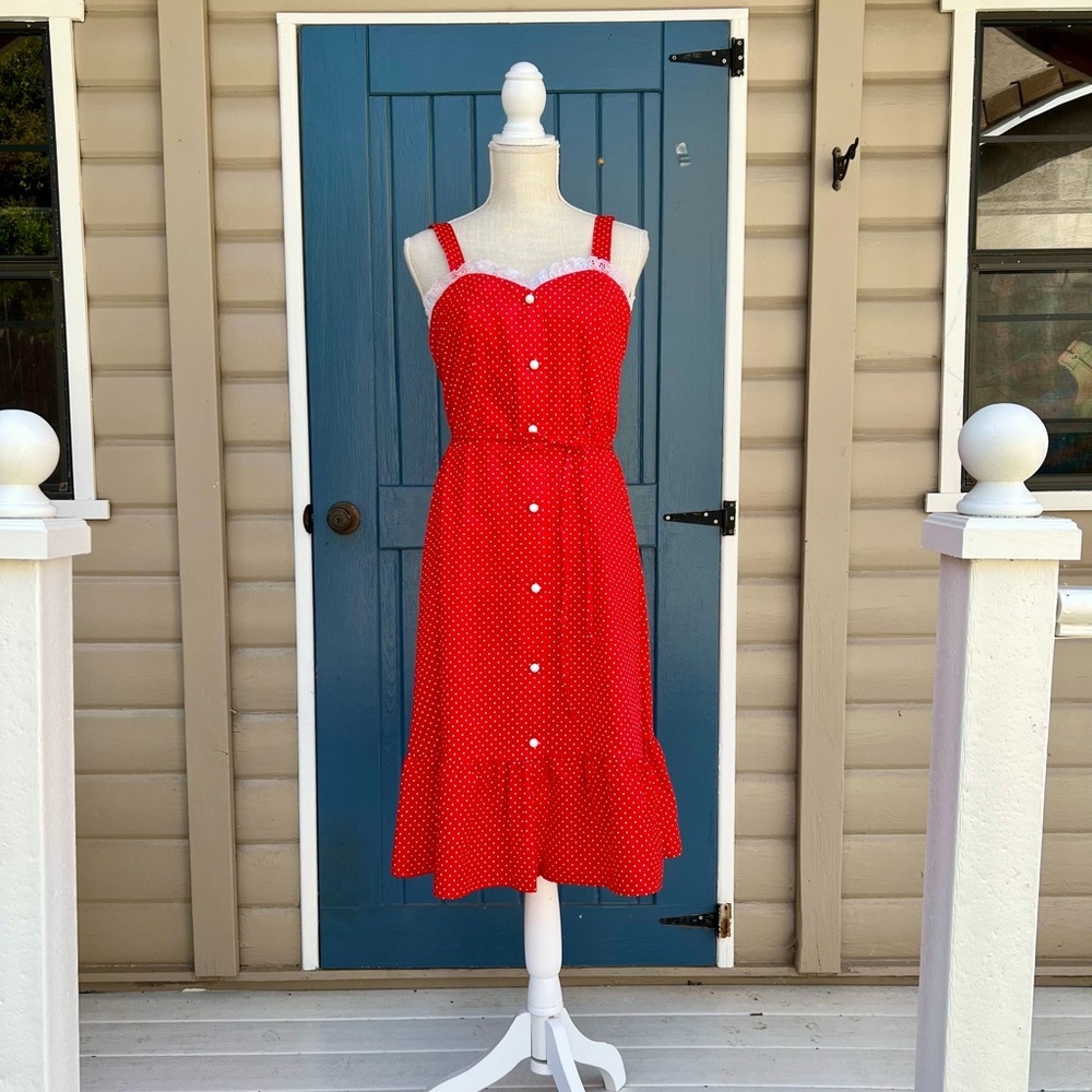 Vintage Y2K Red polka dot with white lace trim and button up front Dress Size M